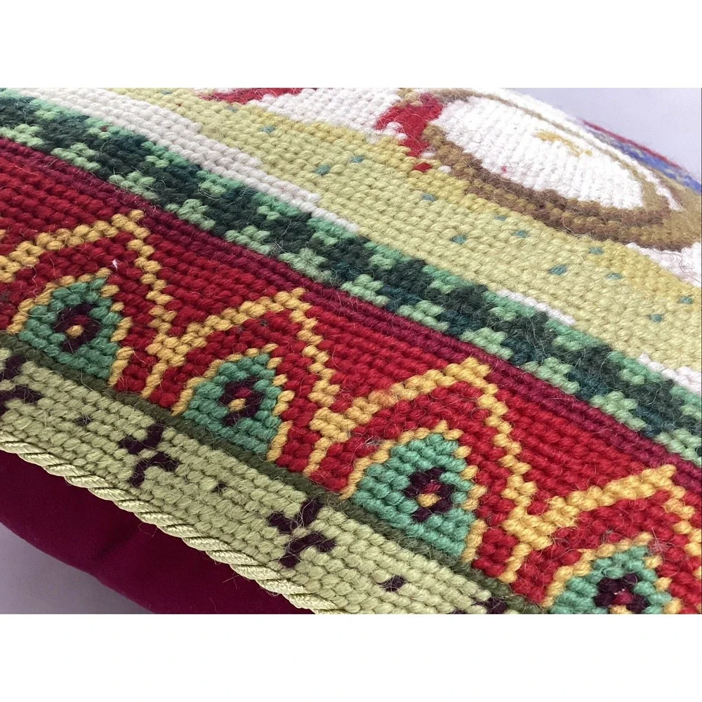 Wool Needlepoint Santa Pillow Velvet Back Square With Border 13.5